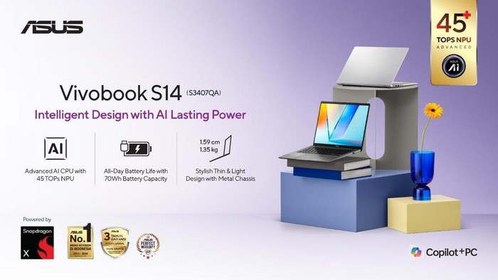 ASUS Vivobook S14: Laptop Ringan, Tangguh, AI Canggih Seharian