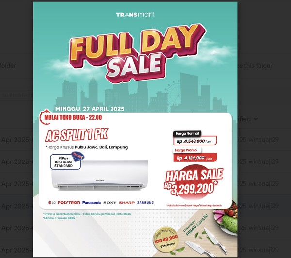 Borong AC Split 1 PK Murah, Hemat Jutaan di Transmart!