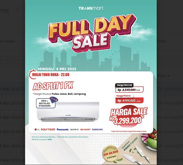 Buruan! AC Split 1 PK Hemat Jutaan, Transmart Sale!