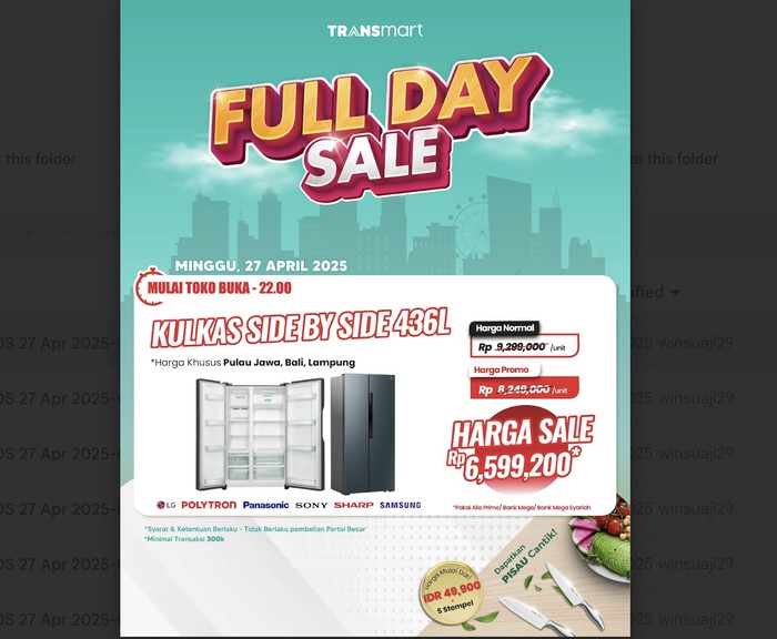 Buruan! Kulkas Side by Side 436L Murah, Promo Transmart!