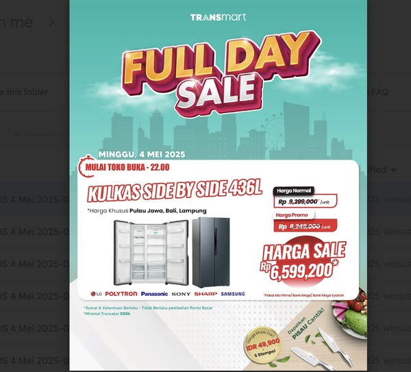 Buruan! Kulkas Side by Side 436L Murah, Transmart Sale!